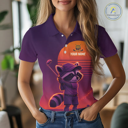 Personalized Raccoon Golf Shirt - Retro Sunset Womens Golf Polo Shirt NHT1036