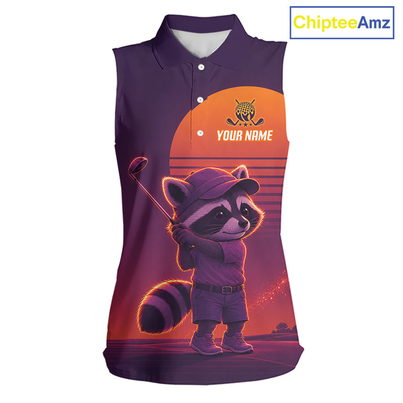 Personalized Raccoon Golf Shirt - Retro Sunset Womens Sleeveless Golf Polo Shirt 