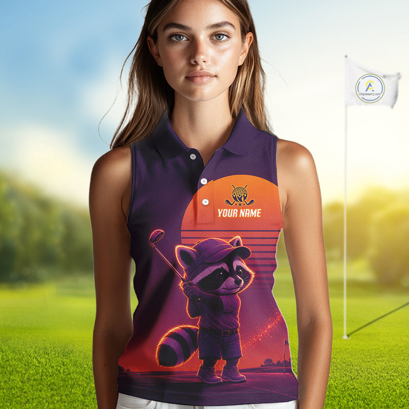 Personalized Raccoon Golf Shirt - Retro Sunset Womens Sleeveless Golf Polo Shirt 