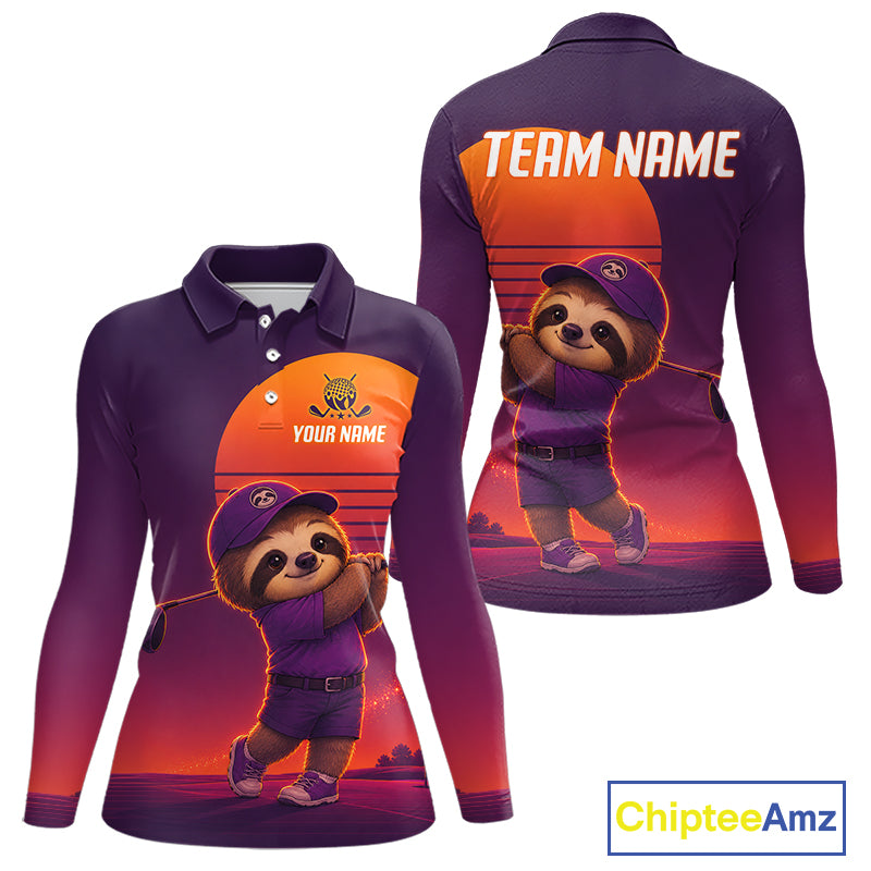 Personalized Sloth Golf Shirt - Retro Sunset Womens Golf Polo Shirt