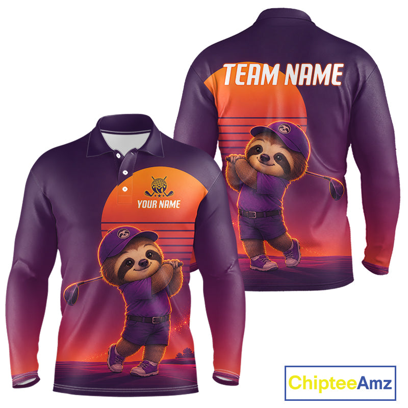 Personalized Sloth Golf Shirt - Retro Sunset Golf Polo Shirt For Men