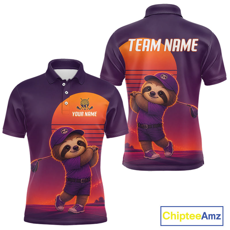 Personalized Sloth Golf Shirt - Retro Sunset Golf Polo Shirt For Men