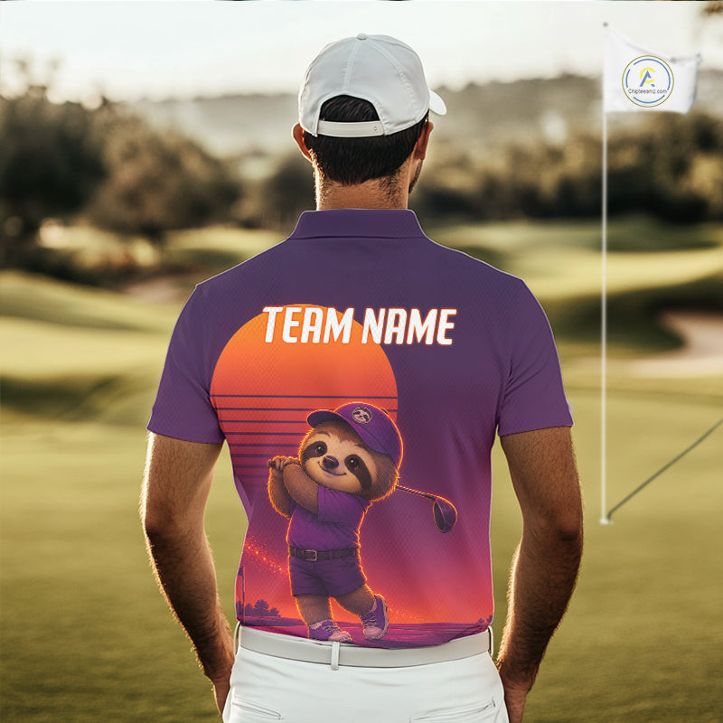 Person wearing a purple polo shirt with a cartoon sloth design on a golf course