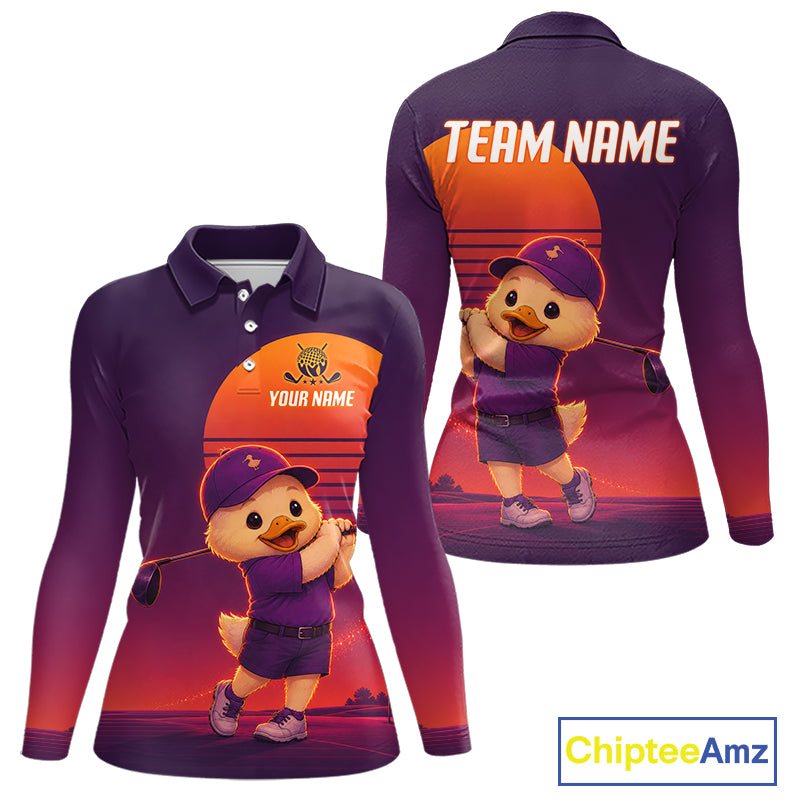 Personalized Duck Golf Shirt - Retro Sunset Womens Golf Polo Shirt