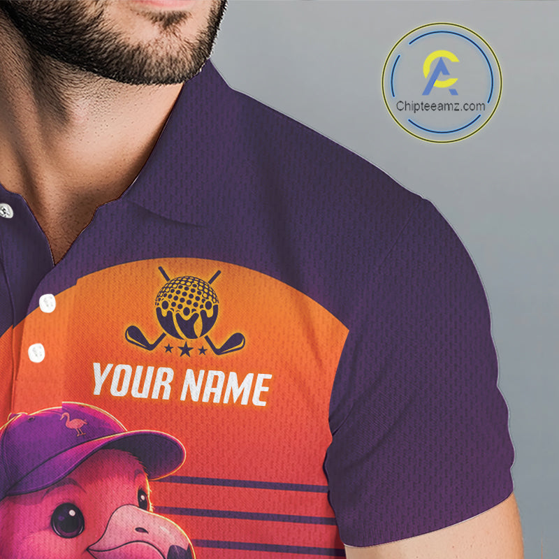 Personalized Flamingo Golf Shirt - Retro Sunset Golf Polo Shirt For Men