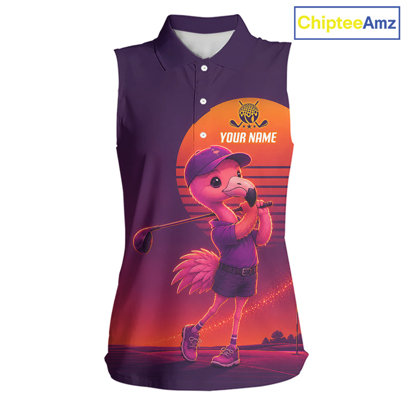 Personalized Flamingo Golf Shirt - Retro Sunset Womens Sleeeveless Golf Polo Shirt 