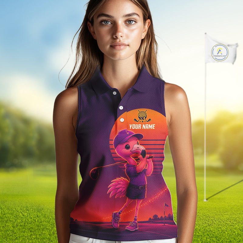 Personalized Flamingo Golf Shirt - Retro Sunset Womens Sleeeveless Golf Polo Shirt 