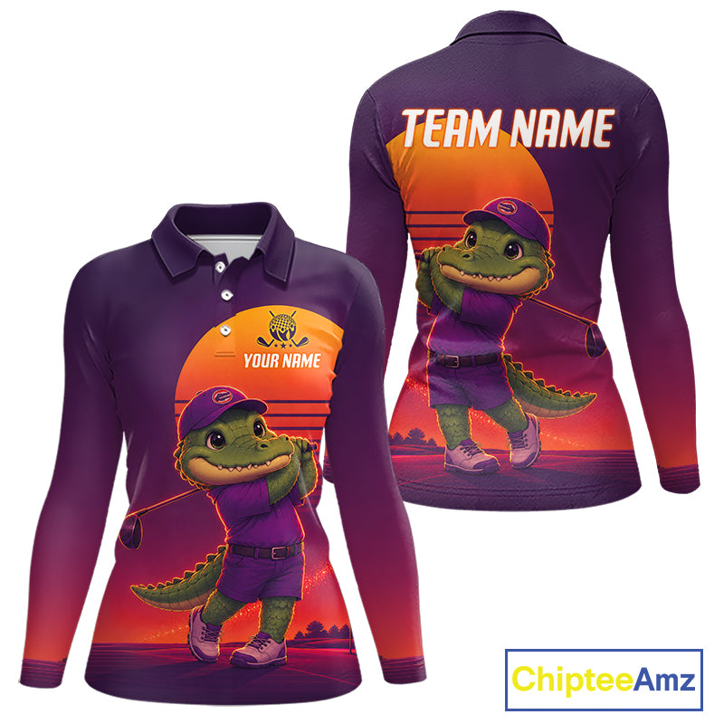 Personalized Alligator Golf Shirt - Retro Sunset Womens Golf Polo Shirt 