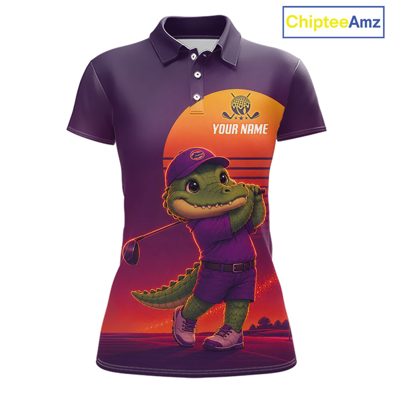 Personalized Alligator Golf Shirt - Retro Sunset Womens Golf Polo Shirt 
