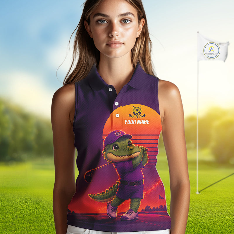 Personalized Alligator  Golf Shirt - Retro Sunset Womens Sleeeveless Golf Polo Shirt 