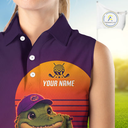 Personalized Alligator  Golf Shirt - Retro Sunset Womens Sleeeveless Golf Polo Shirt 