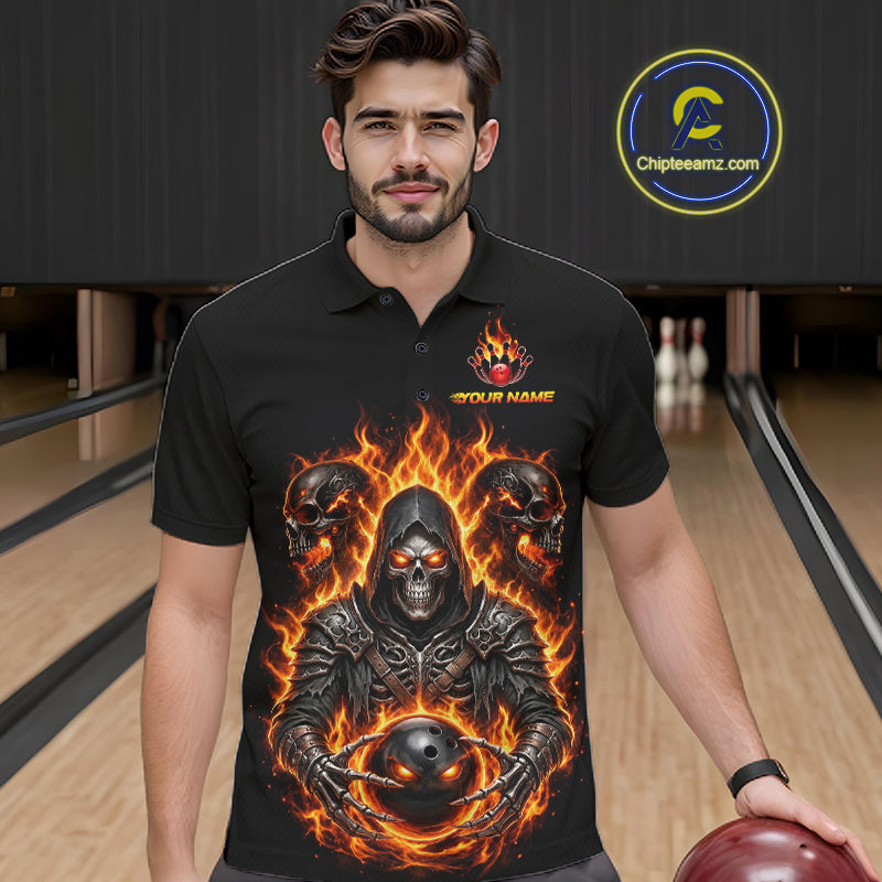 Personalized Men Bowling Jersey Custom Name Orange Grim Reaper Skull Bowling Polo Shirt Gift NHT1670