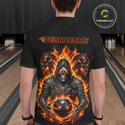 Personalized Men Bowling Jersey Custom Name Orange Grim Reaper Skull Bowling Polo Shirt Gift NHT1670