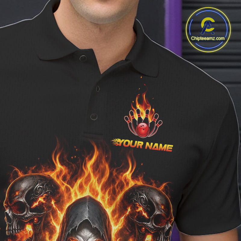 Personalized Men Bowling Jersey Custom Name Orange Grim Reaper Skull Bowling Polo Shirt Gift NHT1670