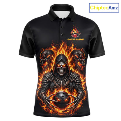 Personalized Men Bowling Jersey Custom Name Orange Grim Reaper Skull Bowling Polo Shirt Gift NHT1670
