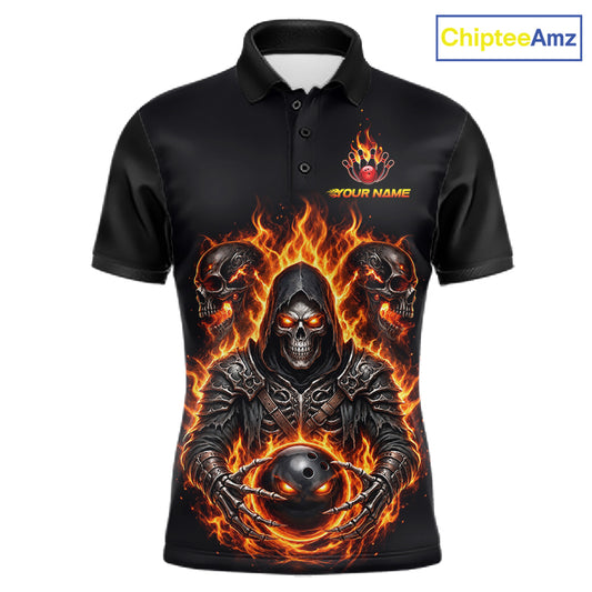 Personalized Men Bowling Jersey Custom Name Orange Grim Reaper Skull Bowling Polo Shirt Gift NHT1670