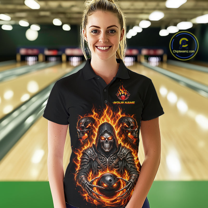 Personalized Women Bowling Jersey Custom Name Orange Grim Reaper Skull Bowling Polo Shirt Gift NHT1670