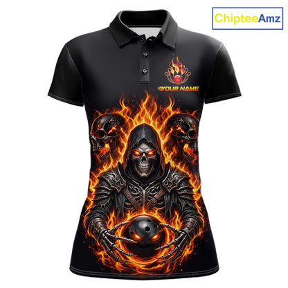 Personalized Women Bowling Jersey Custom Name Orange Grim Reaper Skull Bowling Polo Shirt Gift NHT1670