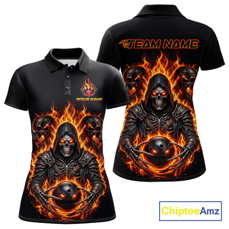 Personalized Women Bowling Jersey Custom Name Orange Grim Reaper Skull Bowling Polo Shirt Gift NHT1670