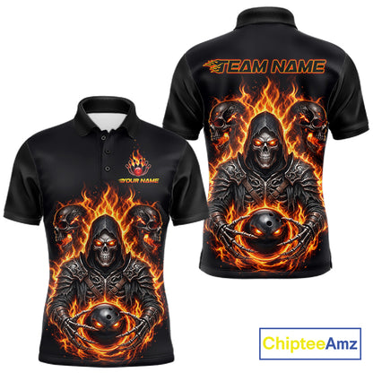 Personalized Men Bowling Jersey Custom Name Orange Grim Reaper Skull Bowling Polo Shirt Gift NHT1670