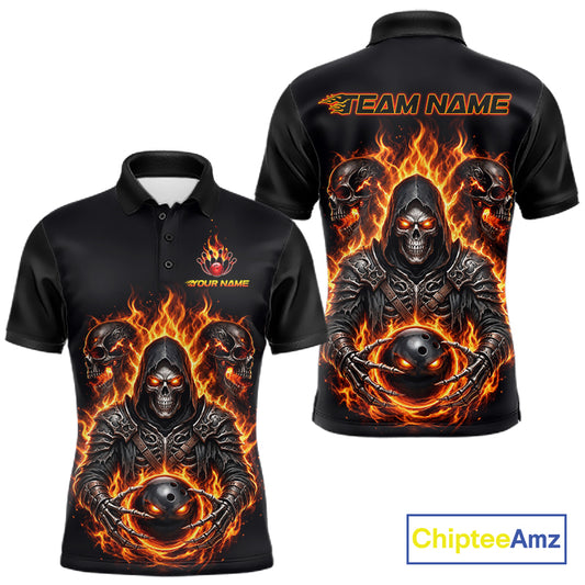 Personalized Men Bowling Jersey Custom Name Orange Grim Reaper Skull Bowling Polo Shirt Gift NHT1670