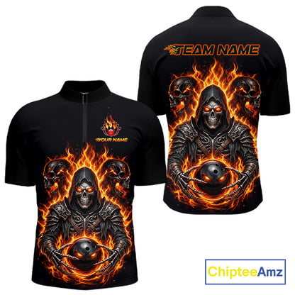 Personalized Men Bowling Jersey Custom Name Orange Grim Reaper Skull Bowling Polo Shirt Gift NHT1670