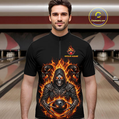 Personalized Men Bowling Jersey Custom Name Orange Grim Reaper Skull Bowling Polo Shirt Gift NHT1670