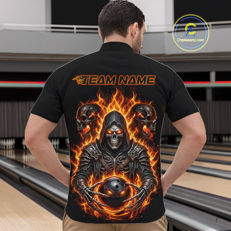 Personalized Men Bowling Jersey Custom Name Orange Grim Reaper Skull Bowling Polo Shirt Gift NHT1670