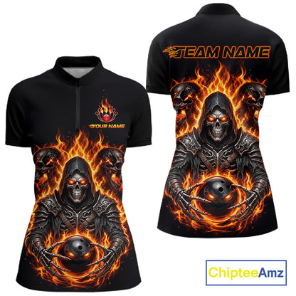 Personalized Women Bowling Jersey Custom Name Orange Grim Reaper Skull Bowling Polo Shirt Gift NHT1670