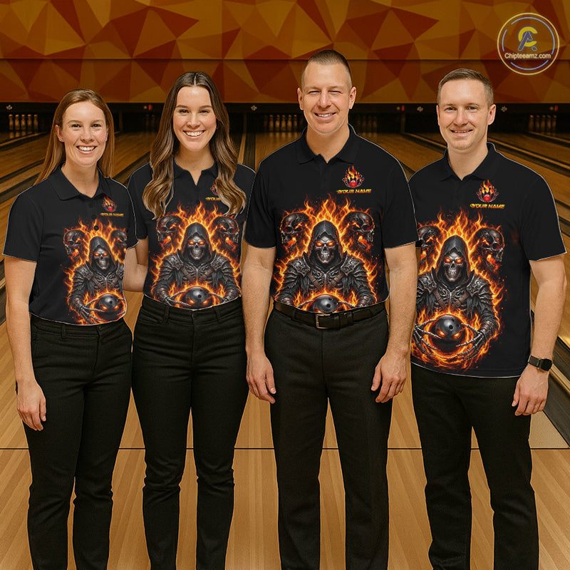 Personalized Women Bowling Jersey Custom Name Orange Grim Reaper Skull Bowling Polo Shirt Gift NHT1670