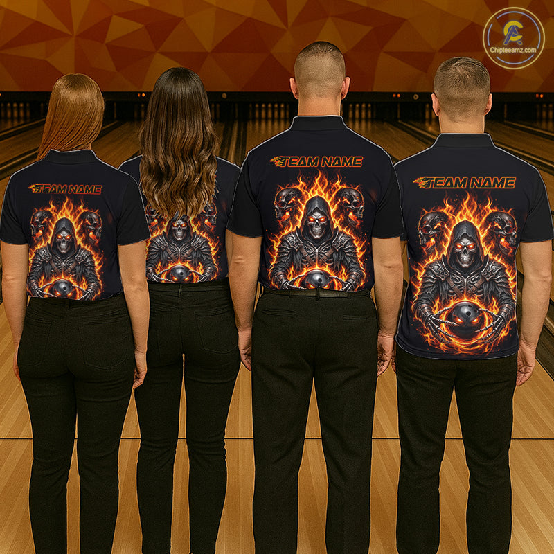 Personalized Men Bowling Jersey Custom Name Orange Grim Reaper Skull Bowling Polo Shirt Gift NHT1670