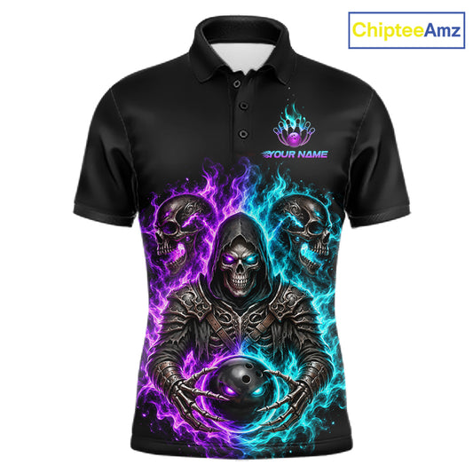 Personalized Men Bowling Jersey Custom Name Purple Blue Grim Reaper Skull Bowling Polo Shirt Gift NHT1671