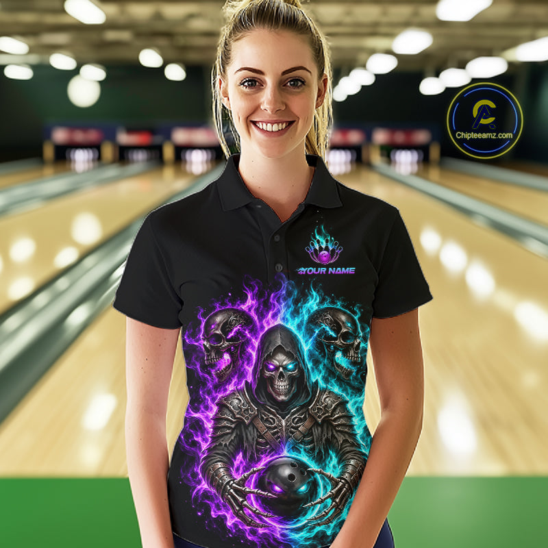 Personalized Women Bowling Jersey Custom Name Purple Blue Grim Reaper Skull Bowling Polo Shirt Gift NHT1671