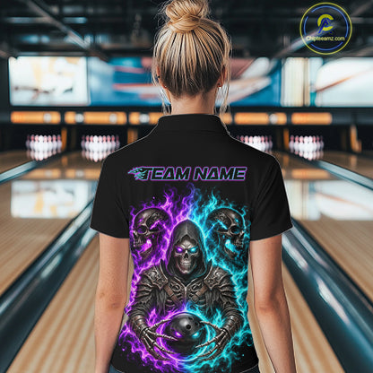 Personalized Women Bowling Jersey Custom Name Purple Blue Grim Reaper Skull Bowling Polo Shirt Gift NHT1671