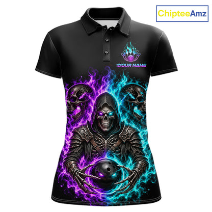 Personalized Women Bowling Jersey Custom Name Purple Blue Grim Reaper Skull Bowling Polo Shirt Gift NHT1671
