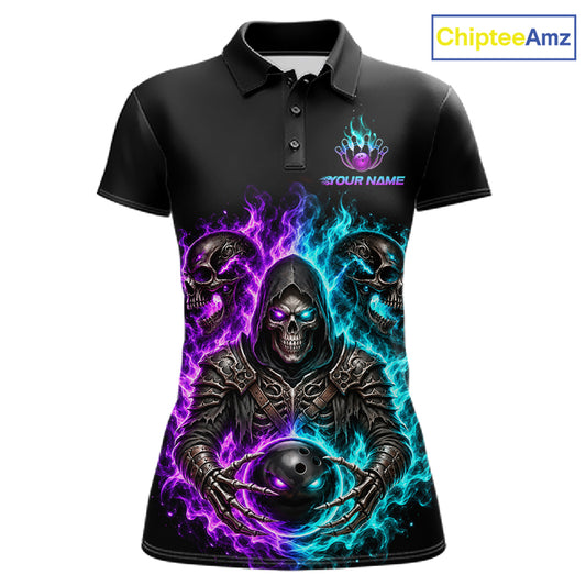 Personalized Women Bowling Jersey Custom Name Purple Blue Grim Reaper Skull Bowling Polo Shirt Gift NHT1671