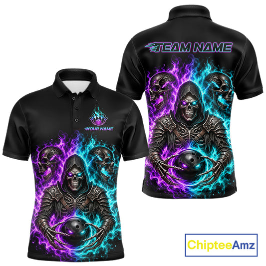 Personalized Men Bowling Jersey Custom Name Purple Blue Grim Reaper Skull Bowling Polo Shirt Gift NHT1671