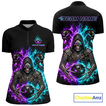 Personalized Women Bowling Jersey Custom Name Purple Blue Grim Reaper Skull Bowling Polo Shirt Gift NHT1671