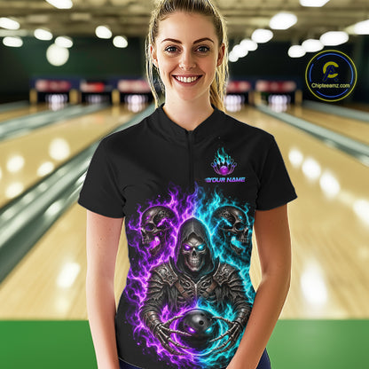 Personalized Women Bowling Jersey Custom Name Purple Blue Grim Reaper Skull Bowling Polo Shirt Gift NHT1671