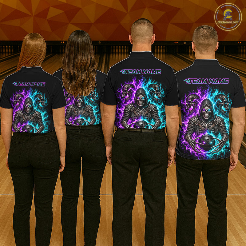 Personalized Women Bowling Jersey Custom Name Purple Blue Grim Reaper Skull Bowling Polo Shirt Gift NHT1671