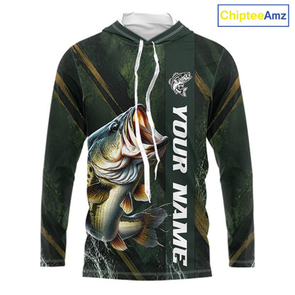 Personalized Hooded Bass Fishing Jersey – Green Angler Shirt Custom Name, Fishing Gift For Men NHT874