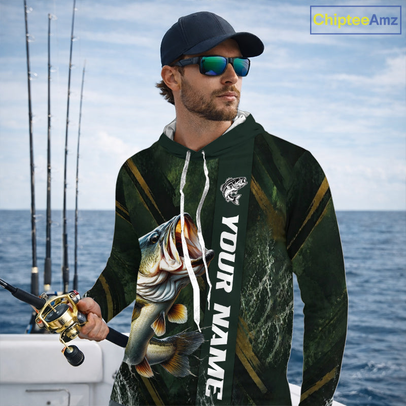 Personalized Hooded Bass Fishing Jersey – Green Angler Shirt Custom Name, Fishing Gift For Men NHT874