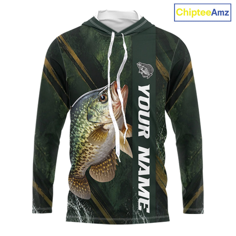 Personalized Hooded Crappie Fishing Jersey – Green Angler Shirt Custom Name, Fishing Gift For Men NHT875