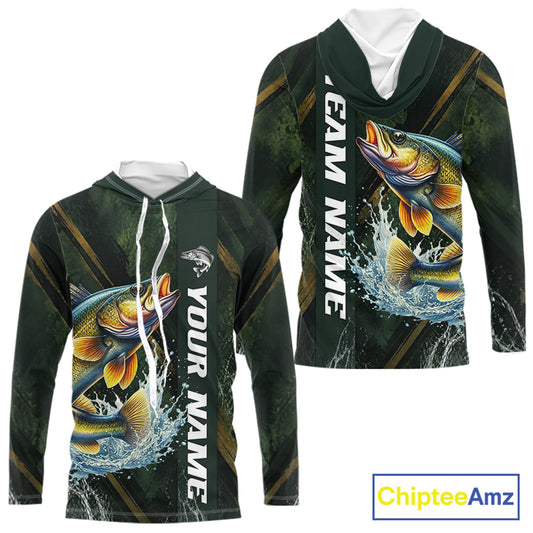 Personalized Hooded Walleye Fishing Jersey – Green Angler Shirt Custom Name, Fishing Gift For Men NHT876