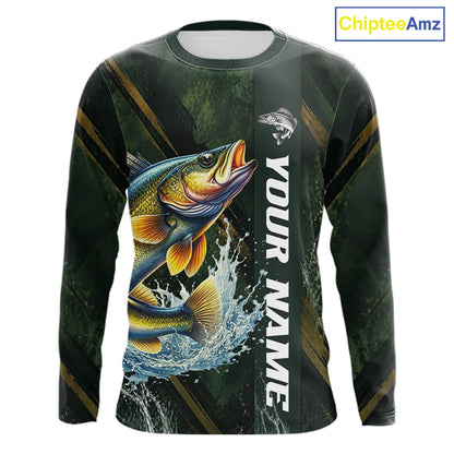 Personalized Walleye Fishing Jersey – Green Angler Shirt Custom Name, Fishing Gift For Men NHT876