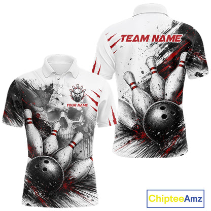 White short-sleeve polo shirt shown from front and back with a bowling-themed all-over print. The design features black and gray bowling balls and pins with red splatter accents, a skull graphic on the front chest, and red 'TEAM NAME' text on the back.