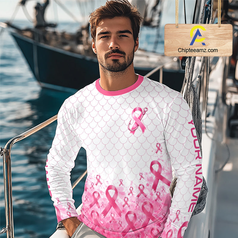 Breast Cancer Awareness Fishing Shirt Long Sleeve Pink Ribbon Fishing Jersey For Women, Men NHT1498