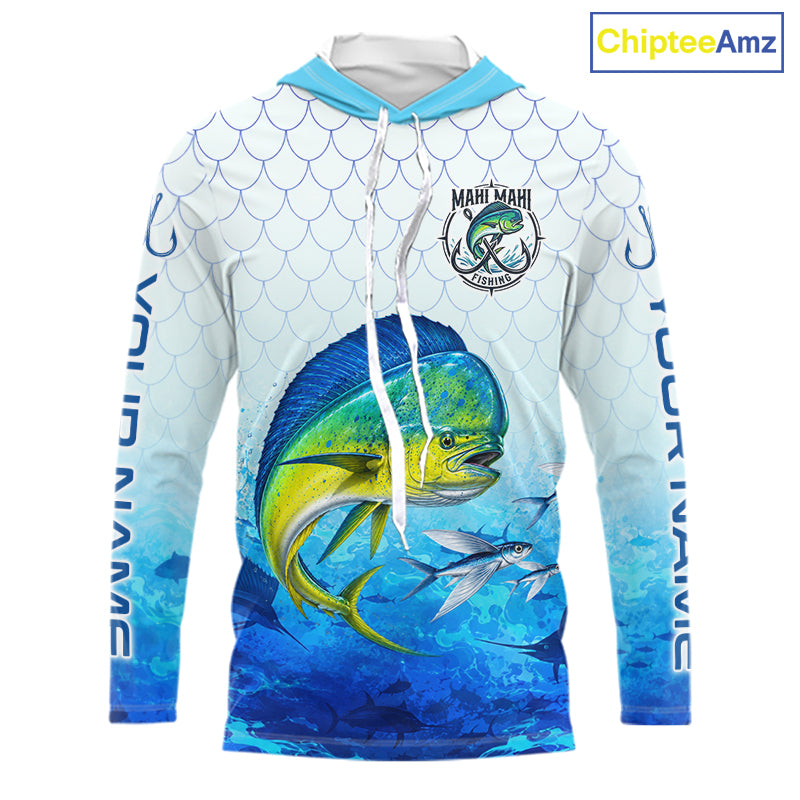 Custom Mahi Mahi Fishing Shirt Long Sleeve Hooded, Personalized Dorado Fishing Jersey For Men NHT1499