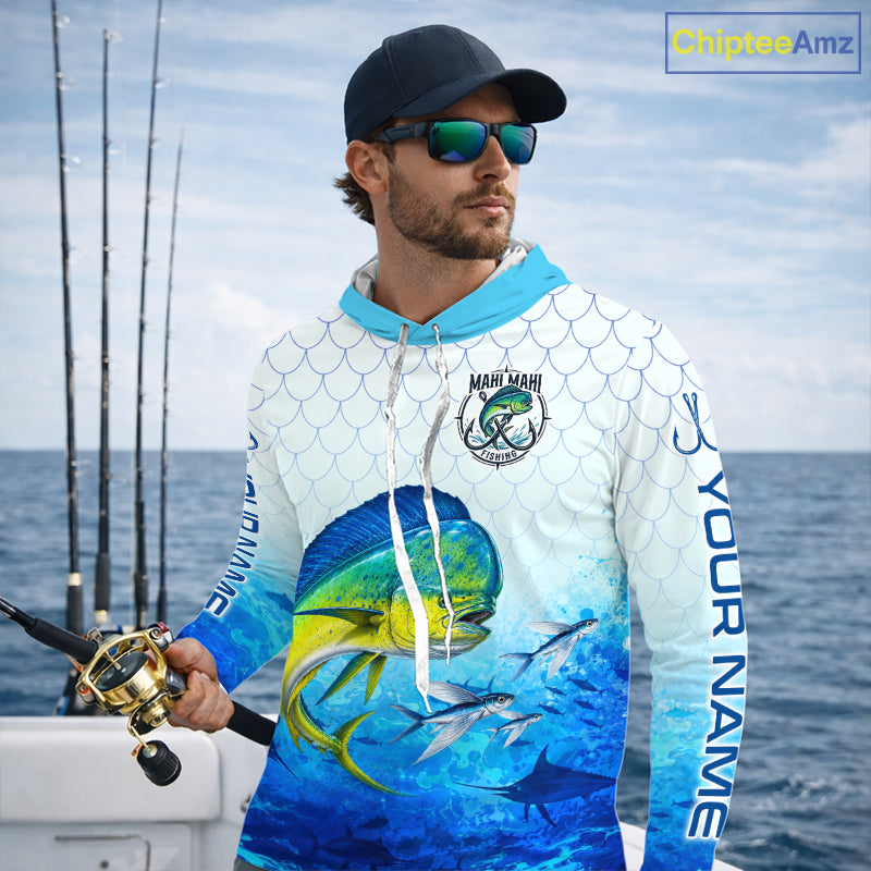 Custom Mahi Mahi Fishing Shirt Long Sleeve Hooded, Personalized Dorado Fishing Jersey For Men NHT1499