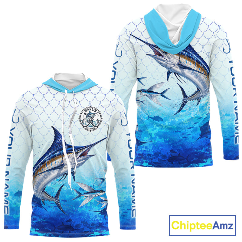 Custom Marlin Fishing Shirt Long Sleeve Hooded, Personalized Marlin Fishing Jersey For Men NHT1500
